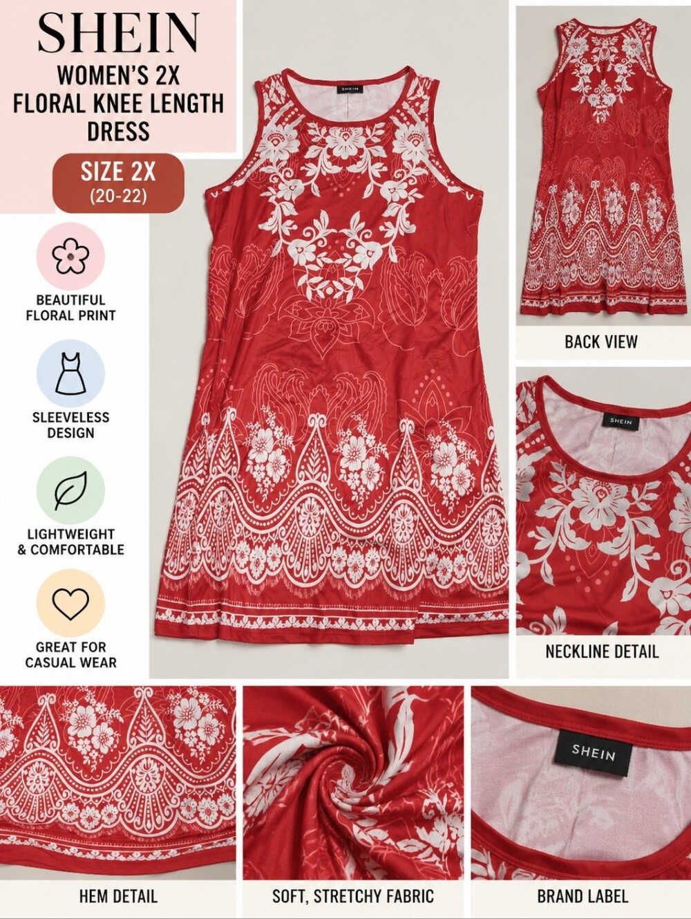 Shein Women's 2X red floral knee length dress #36
